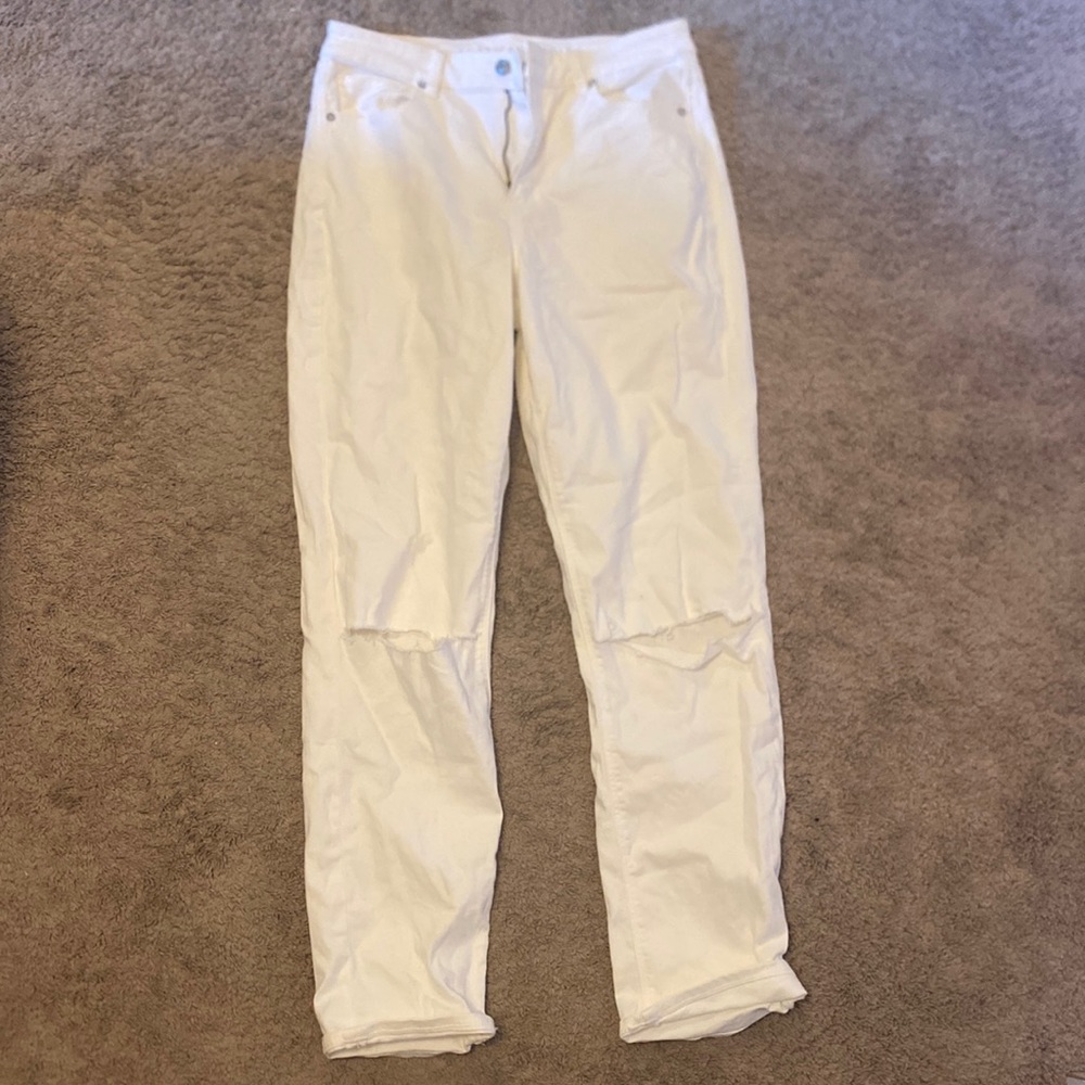 American Eagle white mom jeans with rips in knees. Size 10 x-long